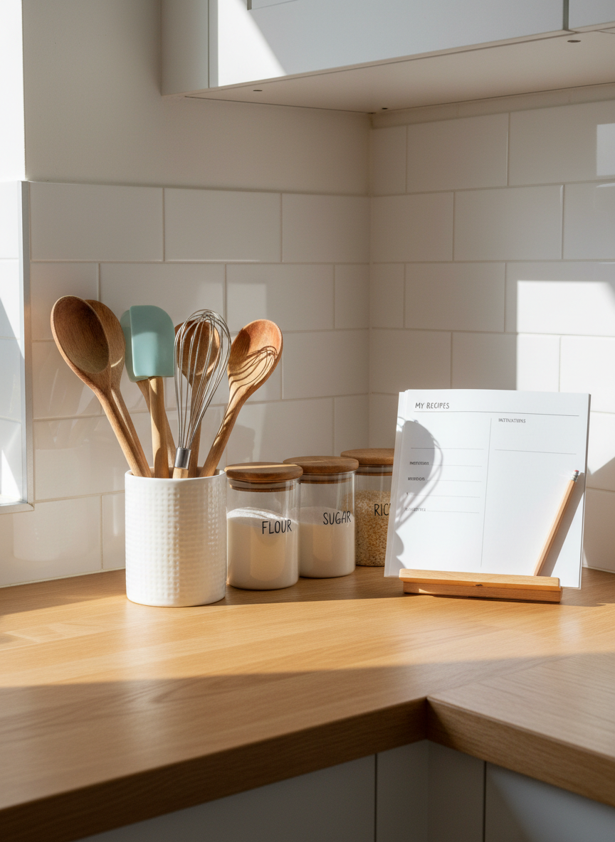 A bright, organized kitchen corner featuring a white ceramic utensil holder filled with essential cooking tools—wooden spoons, a silicone spatula, a stainless-steel whisk—standing on a light oak countertop beside neatly labeled glass jars of flour, sugar, and rice. A small open cookbook stand supports a blank recipe page ready for notes, suggesting practical home cooking. Natural morning light filters through an unseen window, casting soft, elongated shadows and a gentle glow on the clean tiled backsplash. Photographic realism, composed at eye level using the rule of thirds, leaving breathing space around the main objects. The atmosphere is calm, professional, and inviting, ideal for conveying the idea of an efficient, well-organized home kitchen filled with tips and tricks.