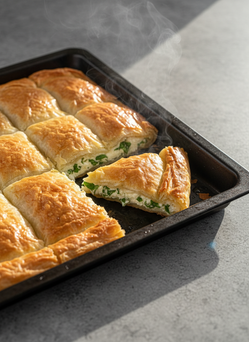 A close-up photographic shot of a freshly baked tray of golden-brown börek, the flaky phyllo layers clearly visible and glistening with a light brush of butter. The börek rests on a dark, matte baking tray atop a cool grey stone countertop, creating a pleasing contrast with the warm tones of the pastry. Wisps of steam rise subtly, hinting at its warmth. Side lighting from the right, mimicking late afternoon natural light, casts gentle shadows that accentuate the crisp texture of the layers. The composition uses a tight crop from a slightly angled top-down perspective, focusing on one cut piece pulled slightly away to reveal a creamy cheese and parsley filling. The mood is irresistibly appetizing, professional, and trustworthy.