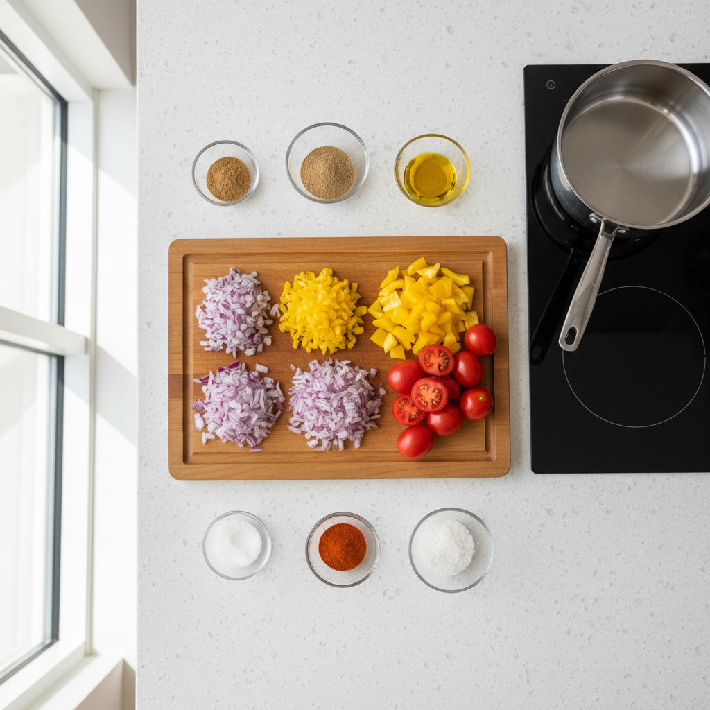An overhead photographic view of a clean, modern kitchen counter organized for a step-by-step recipe: a large wooden cutting board in the center with precisely chopped onions, peppers, and tomatoes in neat piles, surrounded by small glass bowls containing spices, olive oil, and salt. A stainless-steel saucepan sits to the side on a smooth induction stovetop, its surface immaculate. Soft, diffused daylight from a nearby window illuminates the scene evenly, minimizing harsh shadows and emphasizing colors and textures. The composition is balanced and orderly, evoking a professional yet approachable cooking tutorial. The atmosphere feels calm, educational, and practical, ideal for illustrating easy, reliable home-cooking instructions.