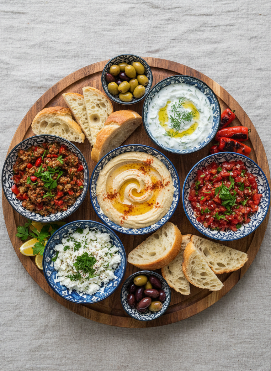 A vivid, photographic overhead shot of a colorful, balanced Turkish meze spread arranged on a large, round wooden serving board: creamy hummus drizzled with olive oil and paprika, smoky eggplant salad, bright red ezme, crisp cucumber-yogurt cacık in a small bowl, and neatly sliced crusty bread. Each dip sits in a different small ceramic dish with subtle patterns in blue and white, adding visual interest. Soft, diffused daylight from above ensures even illumination, enhancing the natural colors without harsh reflections. The background is a neutral linen tablecloth to keep focus on the food. The composition is symmetrical yet relaxed, capturing a professional, appetizing, and welcoming atmosphere that suggests variety and sharing.