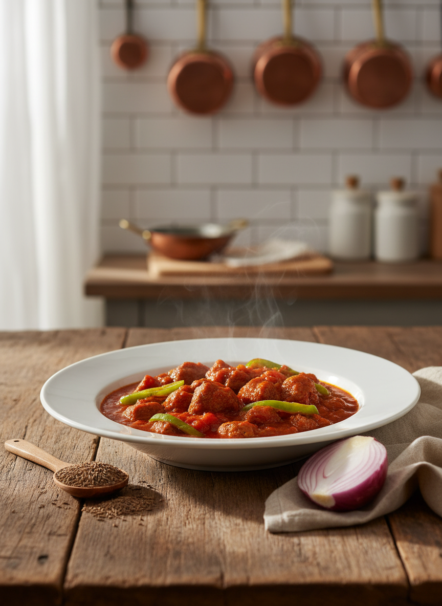 A rustic wooden kitchen table holds a perfectly plated traditional Turkish stew in a wide, shallow white ceramic bowl, its glossy surface reflecting rich tomato-red sauce, tender meat cubes, and vibrant green peppers. Around the bowl lie neatly arranged ingredients: a small pile of cumin seeds, a cut onion, and a folded linen napkin in warm beige. Soft natural daylight enters from the left, creating gentle highlights on the stew’s surface and subtle shadows under the bowl. Photographic realism, shot at a slightly elevated three-quarter angle with shallow depth of field, leaving the background of blurred tiled backsplash and hanging copper pans. The mood is warm, homely, and professional, suggesting a tried-and-true family recipe ready to be followed.